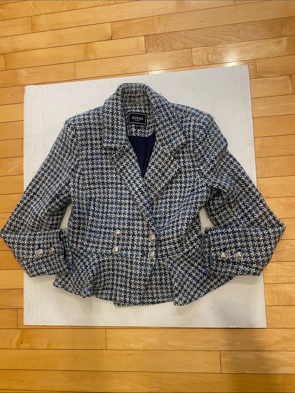 GUESS Navy & White Houndstooth Peplum Tweed lined Blazer Size 8